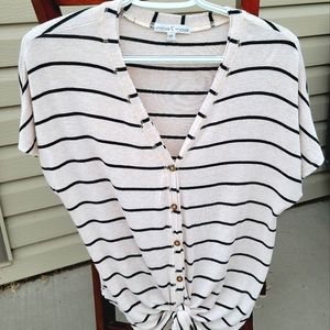 Moa Moa Front Knot Top Off White Navy Stripe Short-Sleeve Loose Fit XS